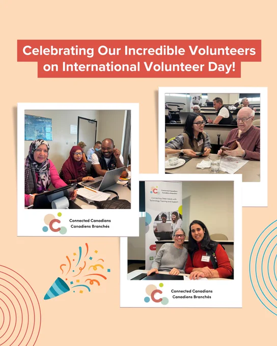 An orange page with three images depicting several Connected Canadians volunteers and clients smiling at the camera and working together on technology projects 