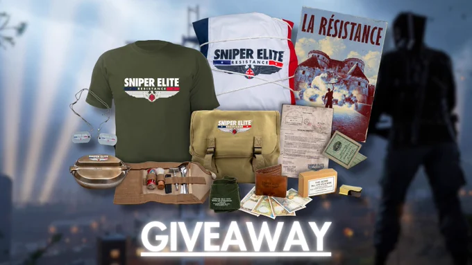Promotional image for a Sniper Elite giveaway featuring themed merchandise including t-shirts, a poster, a game tin, and various collectibles set against a moody, wartime backdrop with the word 'GIVEAWAY' prominently displayed.