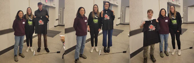 Composite photo showing incoming president Michelle Tseng (left) and outgoing president Michelle Franklin (right) with award winners at the 2025 ESBC meeting. Award winners from left to right: Nathan Earley, Hannah Friesen, Bennett Klinger, Julie Sieg (not pictured)