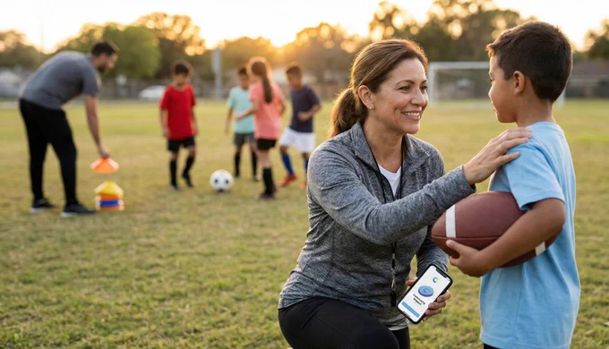 ​A warm, golden-hour photo of a smiling female coach kneeling on a grass field to encourage a young boy holding a ball. In the background, other children are training. The coach holds a smartphone, symbolizing how technology and Web3 can support real-world grassroots sports communities.
