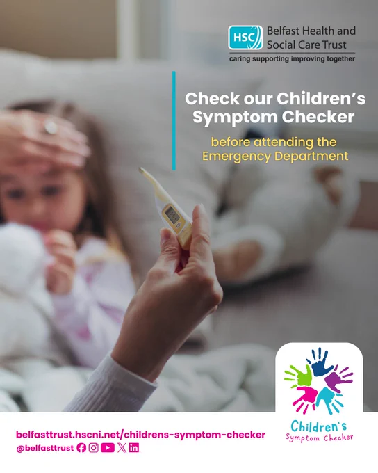Adult holding a digital thermometer near a child lying on a couch, promoting Belfast Health's Children's Symptom Checker before emergency visits.