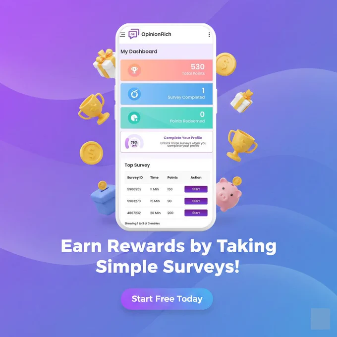 Mobile dashboard showing survey points and rewards on OpinionRich with coins, trophies, and a CTA saying Start Free Today