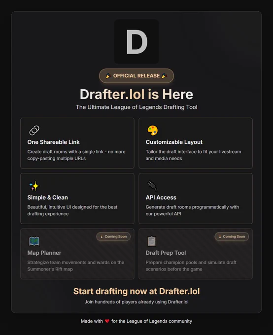 Drafter.lol official release. Features include, one shareable link, customizable layout, simple and clean UI, and API access. Coming soon features include, map planner and draft prep tool.