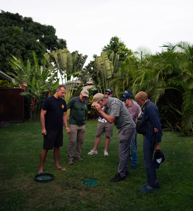 A group of six people gathered outdoors on grass, intently examining something on the ground surrounded by tropical plants and trees.