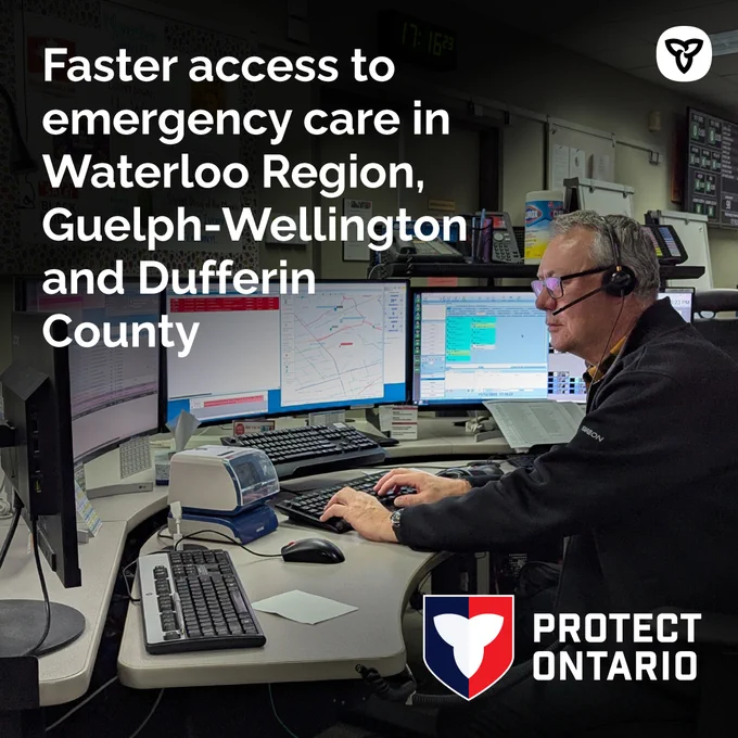 Person sitting at desk working on a computer. Image Text: Faster access to emergency care in Waterloo Region, Guelph-Wellington and Dufferin County.