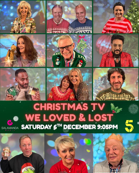 In little TV screens - the 12 contributors to the show in Christmas settings. Text reads Christmas TV We Loved And Lost. Saturday 6th December 9.05pm. Channel 5