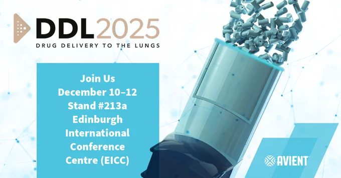 Promotional banner for the DDL 2025 conference, "Drug Delivery to the Lungs," featuring a medical device dispensing particles. Avient logo in the bottom right.