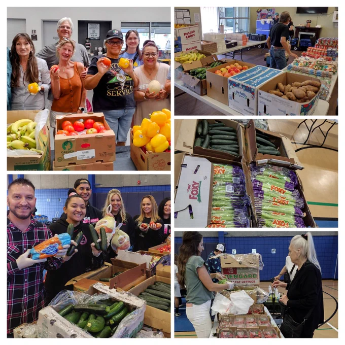 Collage of images showing volunteers at a food bank distributing fresh produce, including fruits and vegetables, to individuals and organizing food items in a community hall.