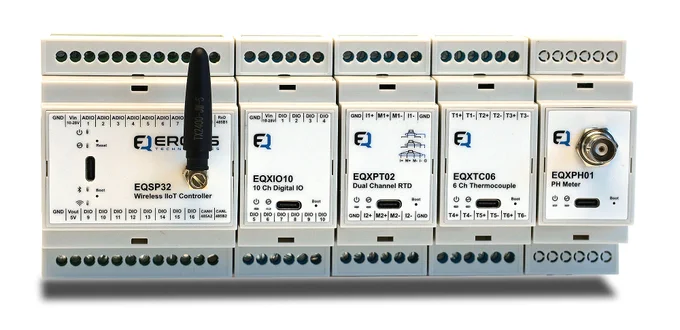 DIN-rail assembly showing an EQSP32 IoT Logic Controller alongside Erqos expansion modules, including the EQXIO10 digital I/O module, EQXPT02 dual-channel RTD module, EQXTC06 thermocouple interface, and EQXPH01 pH meter. The modules are arranged in a row, illustrating the expandable architecture of the EQSP32 platform.