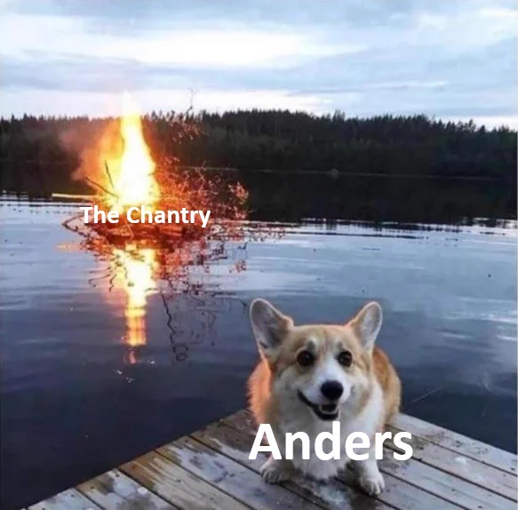An image of a dog labelled 'Anders' gazing towards the camera while in the background there's a fire on a lake labelled 'The Chantry'.