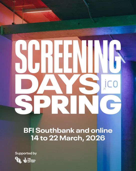 Interior of BFI Southbank showing concrete pillars and colourful lighting. Text says "Screening Days Spring. BFI Southbank and online. 14 to 22 March, 2026. Supported by BFI and National Lottery."