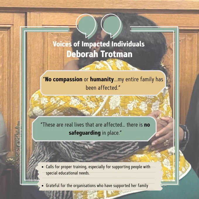 Infographic showing a portrait of Deborah Trotman alongside her testimony about experiencing no compassion or humanity during the Windrush process, and the harm the scandal caused her entire family.
