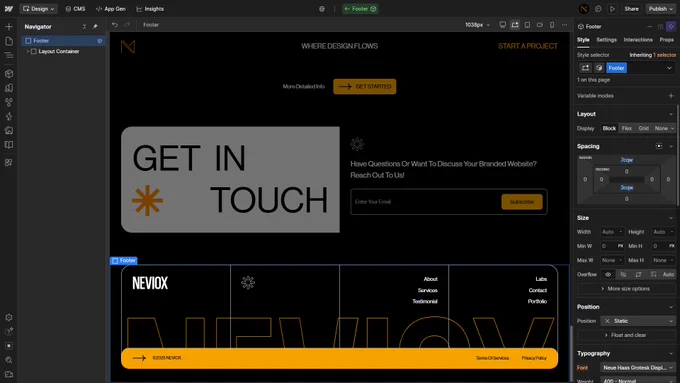 Webflow Designer screenshot of the Neviox website in development, featuring the layout, brand typography, and interactive design structure.