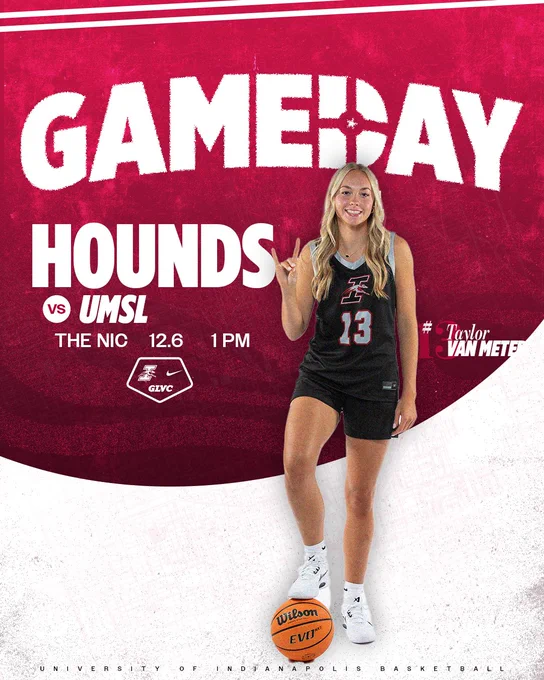 Taylor Van Meter in a game day graphic for UIndy women's basketball.