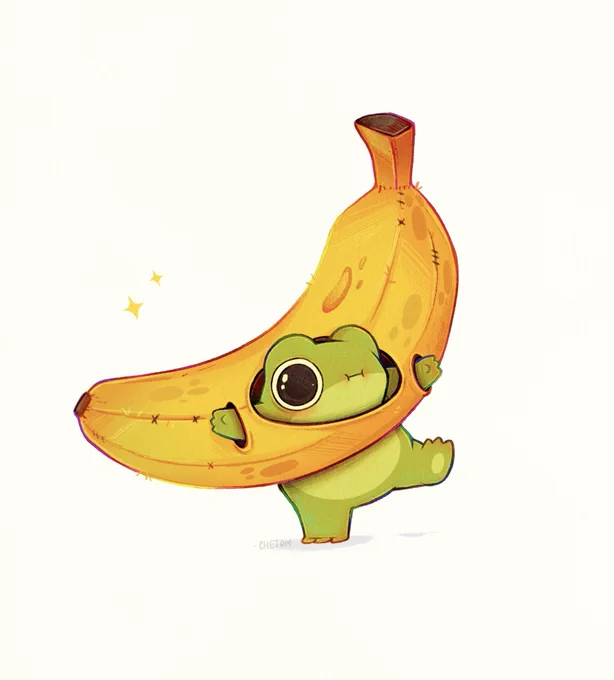 a tiny cute frog wearing a yellow banana suit art by chetom