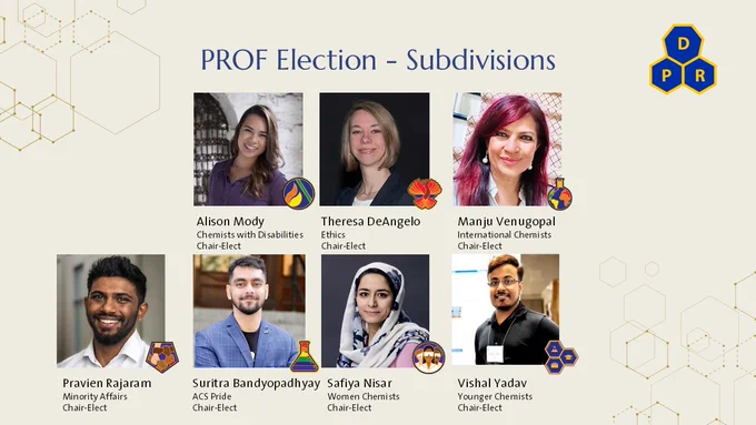 Grid of seven chemical science professionals elected as chairs for ACS PROF subdivisions, each with their name and role displayed.