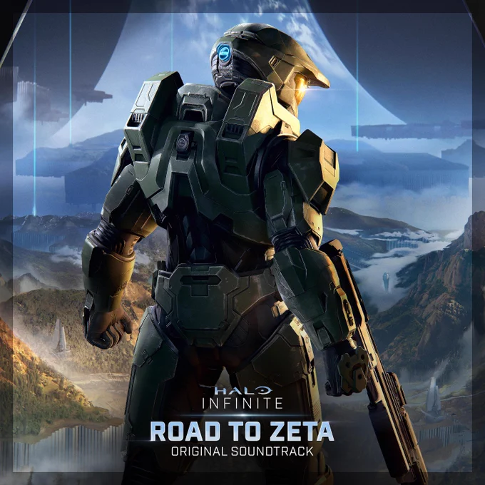 Master Chief on Zeta Halo with the text "Road to Zeta" Original Soundtrack on it. 