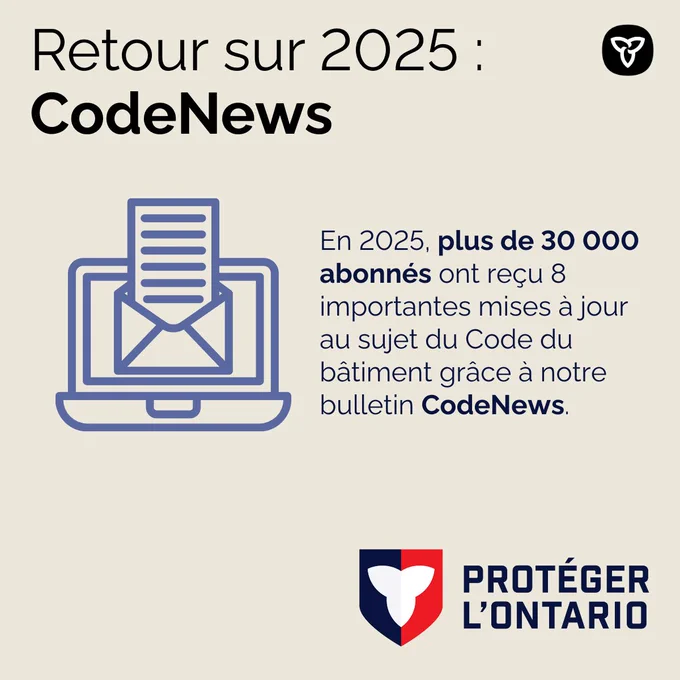 Retour sur 2025 : CodeNews
En 2025, plus de 30 000 abonnés ont reçu 8 importantes mises à jour au sujet du Code du bâtiment grâce à notre bulletin CodeNews