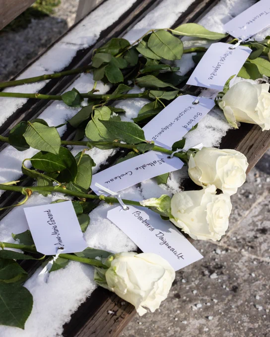 White roses were placed to honour the lives of the 14 women killed at Montreal’s École Polytechnique in 1989.