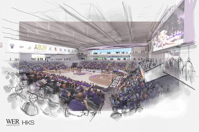 Illustration of a basketball arena filled with spectators. The design features a large court with players in action, surrounded by an audience engaged in the game. A video screen displays game footage, and banners adorn the walls. The overall atmosphere is energetic and vibrant, capturing the excitement of a live sports event.