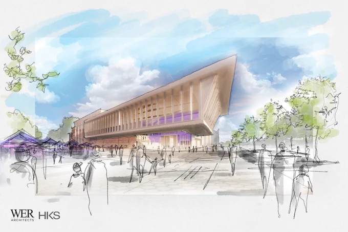 Architectural sketch of a modern building featuring a sloped roof and large windows. The scene includes people walking in the foreground and greenery on either side, set against a light blue sky with clouds.