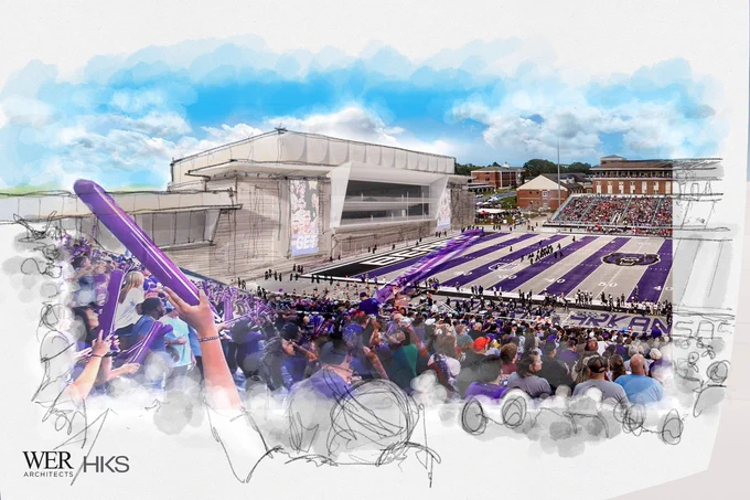 An artistic rendering of a large outdoor stadium filled with spectators. The foreground features fans holding purple foam fingers, while the background displays a modern stadium structure under a blue sky. The design includes seating areas and screens, conveying an energetic atmosphere for an event.
