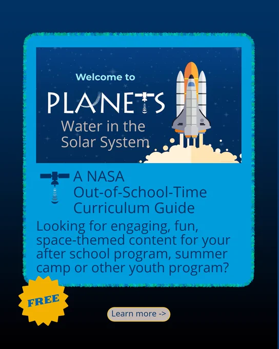 Drawing of a rocket on the right with description of PLANETS space-themed educational content for after school, summer camps, or other youth programs
