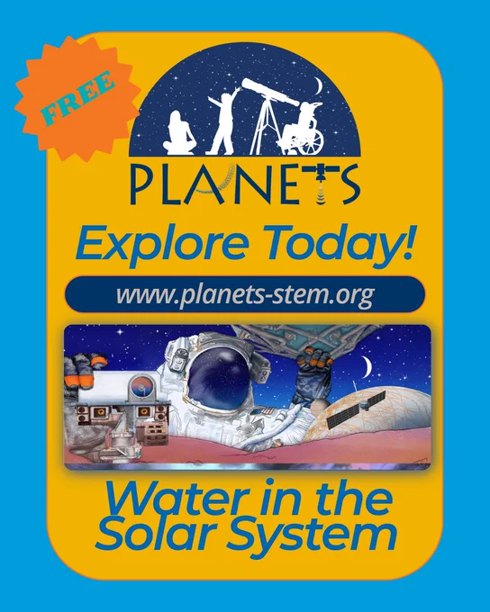 Graphic with an astronaut in front of an icy moon with a rover mast camera in front and a satellite orbiting behind. Website "www.planets-stem.org" is shown, with "Explore Today" above and "Water in the Solar System" below