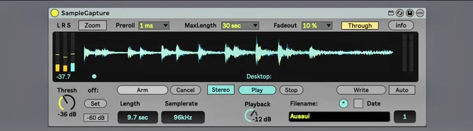 Sample Capture UI, shown in Robert's retro custom theme, with waveform, threshold, arming and auto-recording and naming features