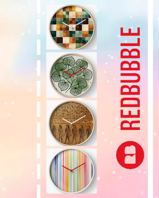 Four different wall clocks are displayed vertically on a soft pastel background. The designs include a geometric mosaic pattern in warm tones, a green botanical leaf illustration, an ancient Egyptian inspired artwork and a colorful striped pattern. The red Redbubble logo appears on the right side. The image shows product examples available in the shop.