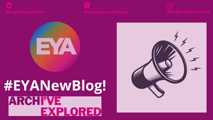 White text #EYANewBlog! On a pink background with an image of a megaphone