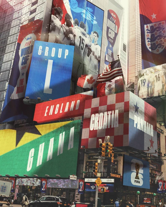 A special graphic of the teams in Group L of FIFA World Cup (England, Croatia, Ghana and Panama) shown on a landmark in USA.