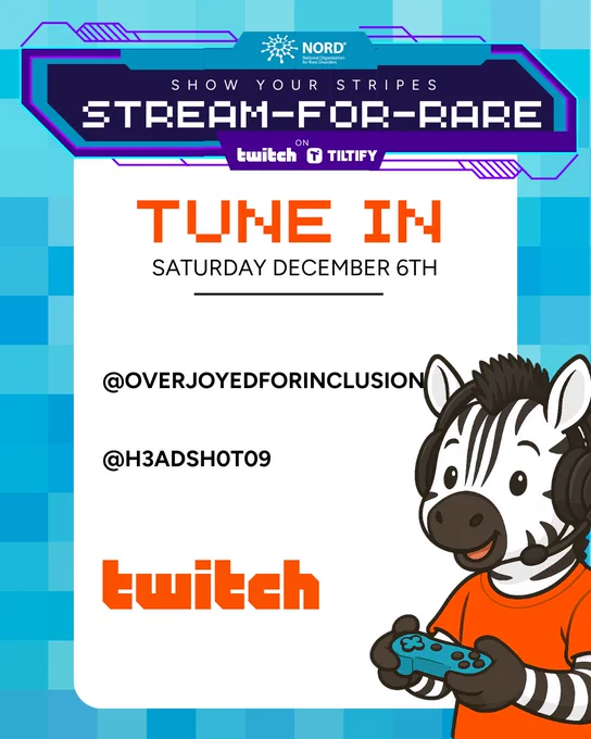Promotional poster for "Stream-for-Pare" event on Twitch by NordVPN, featuring a cartoon zebra holding a game controller. Scheduled for Saturday, December 6th, highlighting profiles @overjoyedforinclusion and @h3adshot09.