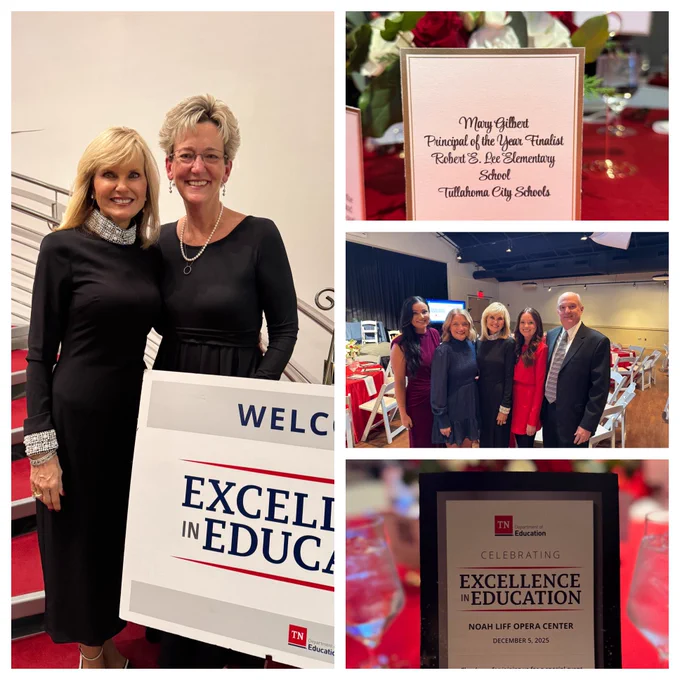 Pic Collage of a Principal of the Year Finalist being celebrated. The pictures show the principal finalist with her superintendent and another one with her family. Two other photos show the program cover for the event and the other one shows the principal’s name on a card near the centerpiece of her table.