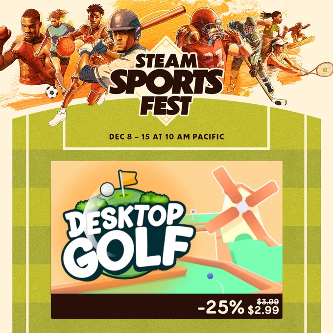 Banner for Steam Sports Festival, with the game Desktop Golf being on sale for $2.99