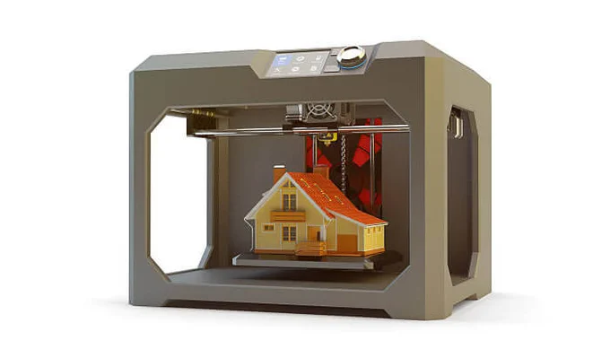 3D printer creating a miniature house model, symbolizing innovation and potential solutions to the Affordable Housing Crisis.