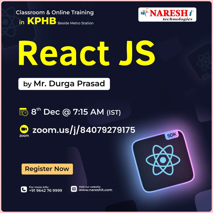 React JS training poster by Naresh i Technologies starting on 8th Dec. Join Now: https://t.ly/RJSDPNIT