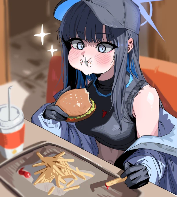 Saori eating hamburger