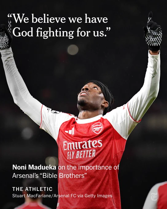 Noni Madueke in a red Arsenal uniform celebrates with both hands pointed upward and his face looking toward the sky. Quote attributed to Madueke reads: "We believe we have God fighting for us."