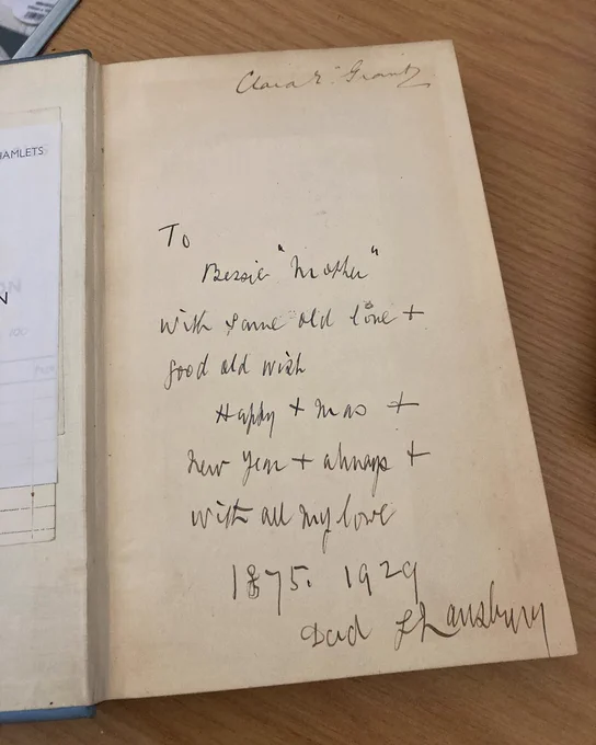 A handwritten inscription in a book which reads: "To Bessie "Mother" ; With same old love   good old wish [sic] ; Happy Xmas   New Year   always   with all my love, 1875-1929, Dad G. Lansbury". The book's author Clara E. Grant has also signed the page in the top right corner.