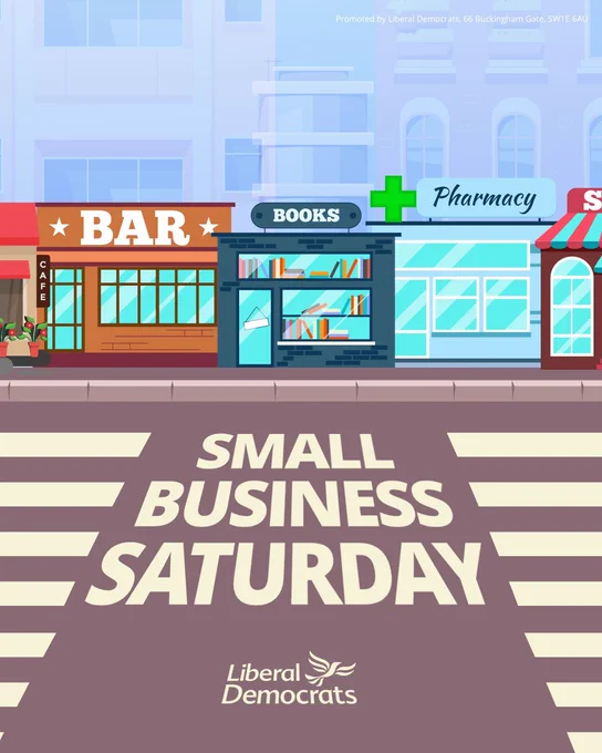 Graphic promoting Small Business Saturday with an illustration of a high street including a bar, bookstore, and pharmacy.
