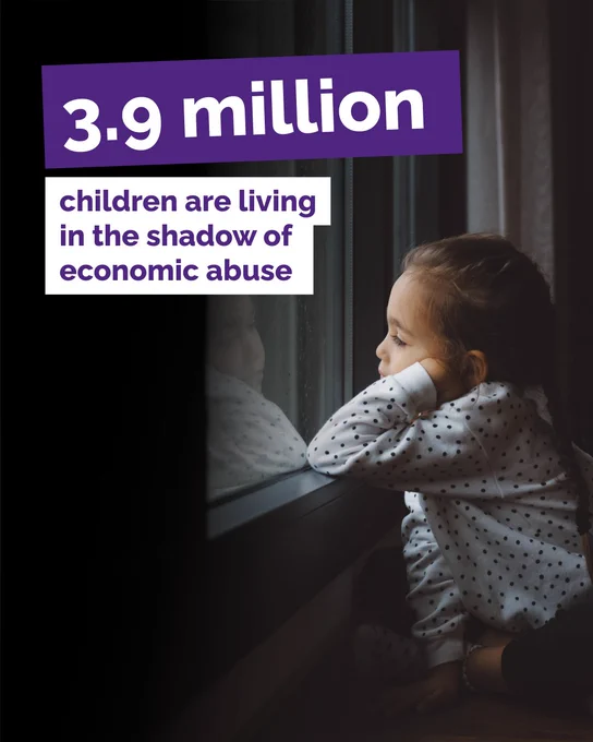 Overlaid on an image of a young girl looking through the window are the words, '3.9 million children are living in the shadow of economic abuse'