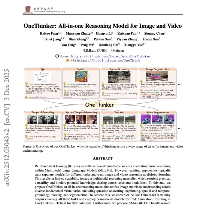 Research paper front page from The Chinese University of Hong Kong titled "OneThinker: All-in-one Reasoning Model for Image and Video" with authors, diagrams and abstract.