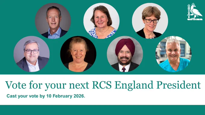 Seven candidates for RCS England President displayed in circular frames against a teal background with voting deadline information.
