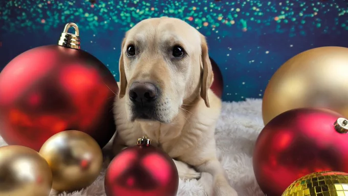 Cremefarbener Labrador liegt inmitten von riesigen mattroten und mattgoldenen Weihnachtskugeln auf einer weißen Flauschdecke und blickt etwas überrascht in die Kamera