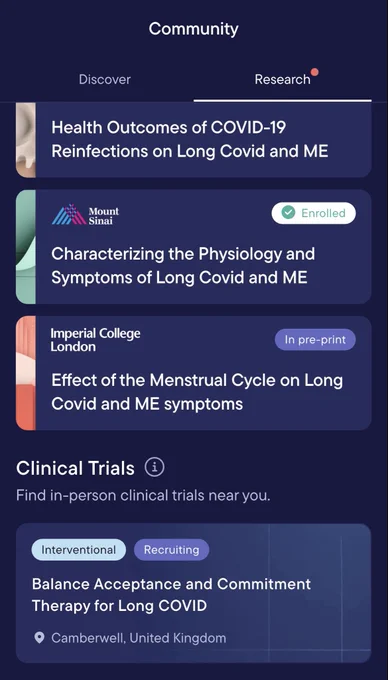 Screen short of studies listed on the Visible app. The bottom one reads 
Interventional Recruiting
Balance Acceptance and Commitment Therapy for Long COVID
Camberwell, United Kingdom