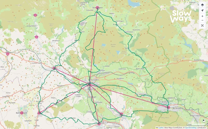 A map of Slow Ways walking routes going from Skipton to neighbouring settlements. 