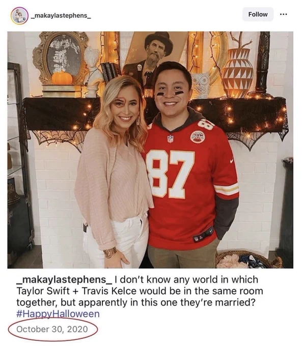 A post from October 30, 2020 in which a couple were dressed as Taylor Swift and Travis Kelce for Halloween.