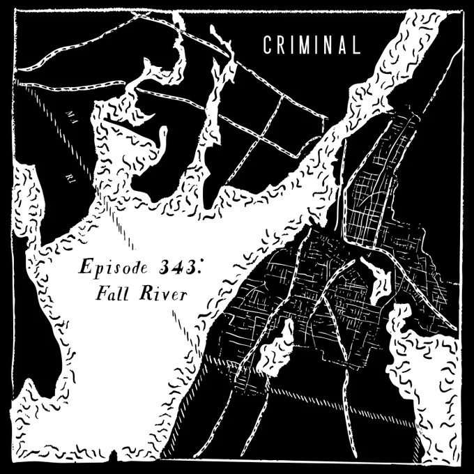 Black and white illustration of a map of the town of Fall River on the Massachusetts and Rhode Island border.
