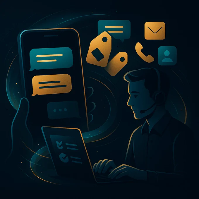 Illustration showing Crypto Dispensers customer support assisting users through messaging, phone, and email, highlighting fast and reliable help.